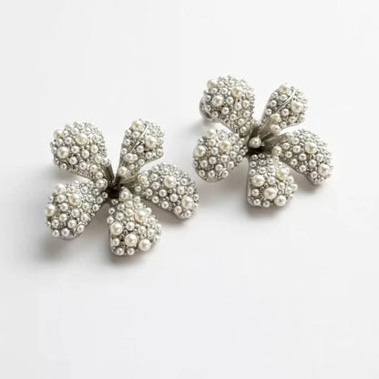 Oscar de la Renta Diamond Large Flower Pearl Earrings