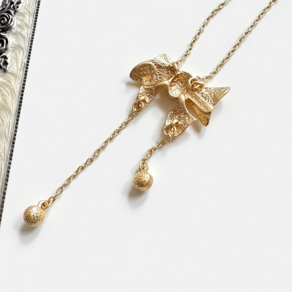 Oscar de la Renta Vintage Bow Crystal Tassel Necklace | Genuine Gold Plating | Adjustable 41–50cm