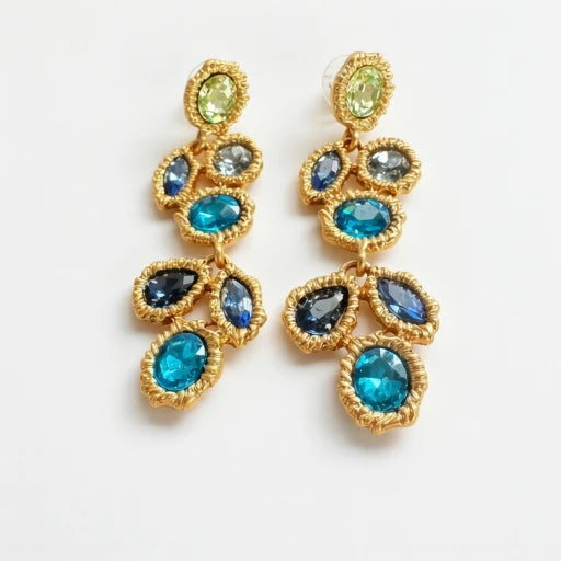 Oscar de la Renta Sophisticated Long Blue Crystal Drop Earrings