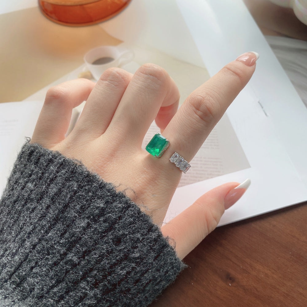 green radiant cut ring silver