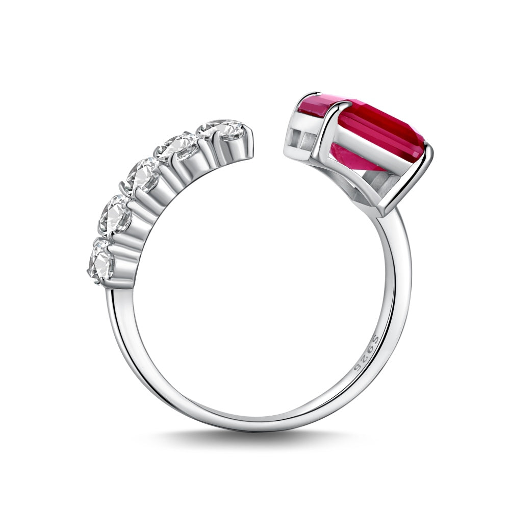 red radiant cut ring silver