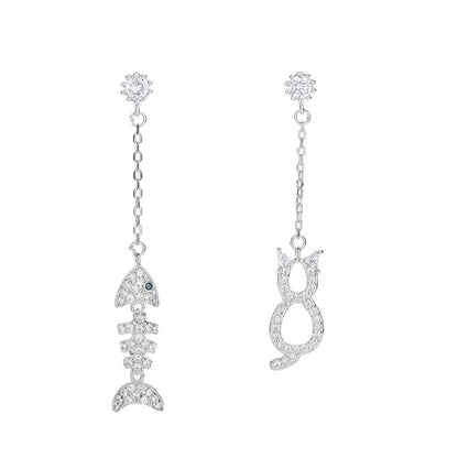 diamond fish cat earrings silver