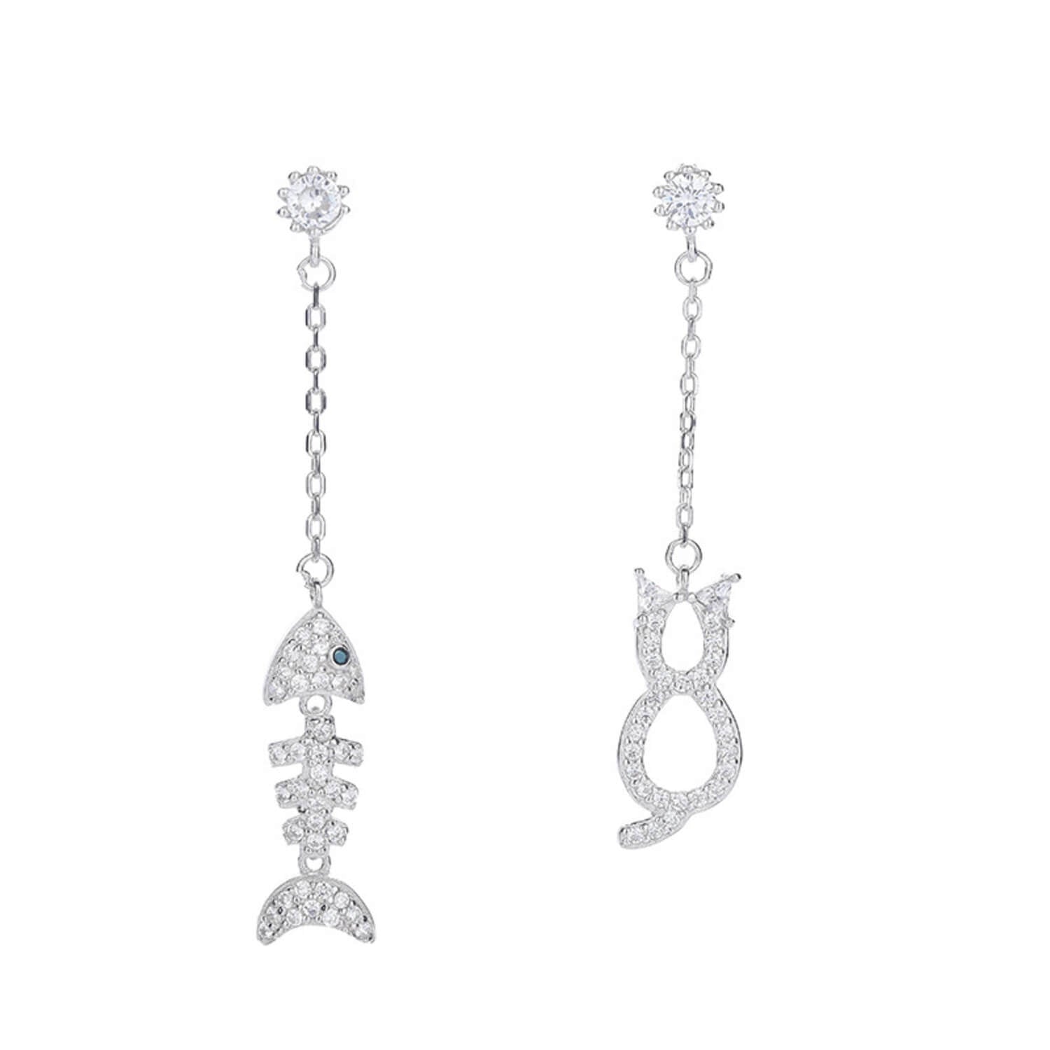 diamond fish cat earrings silver 
