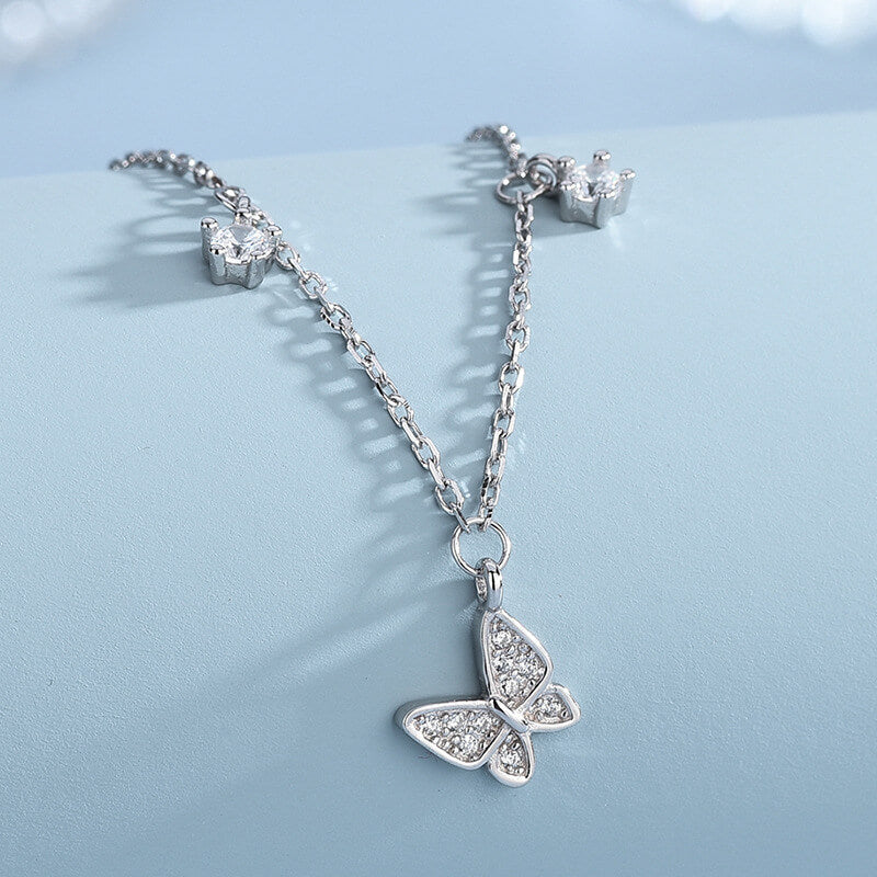 silver diamond butterfly necklace plated Rhodium