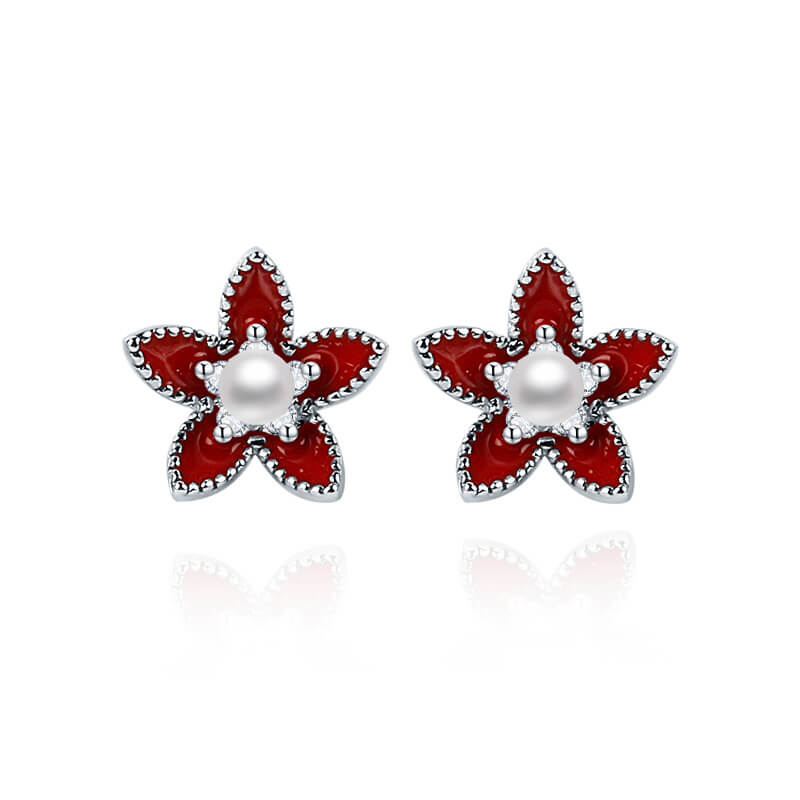 sterling silver pearl star red stud earrings