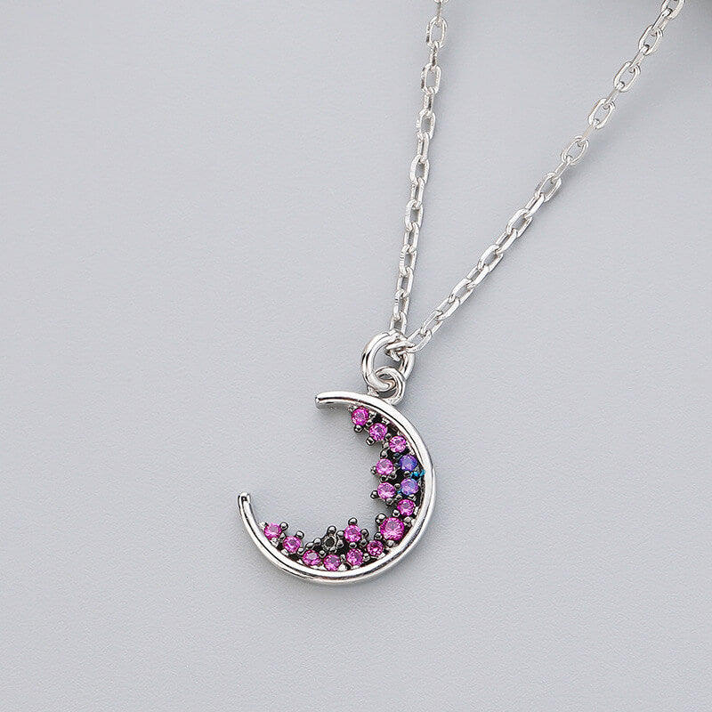 sterling silver colorful diamond moon necklace