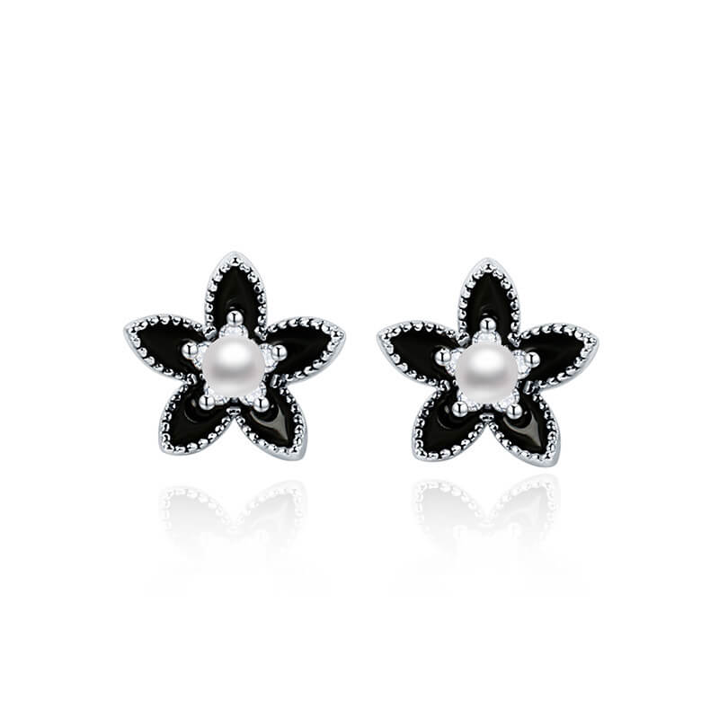 sterling silver pearl star black stud earrings