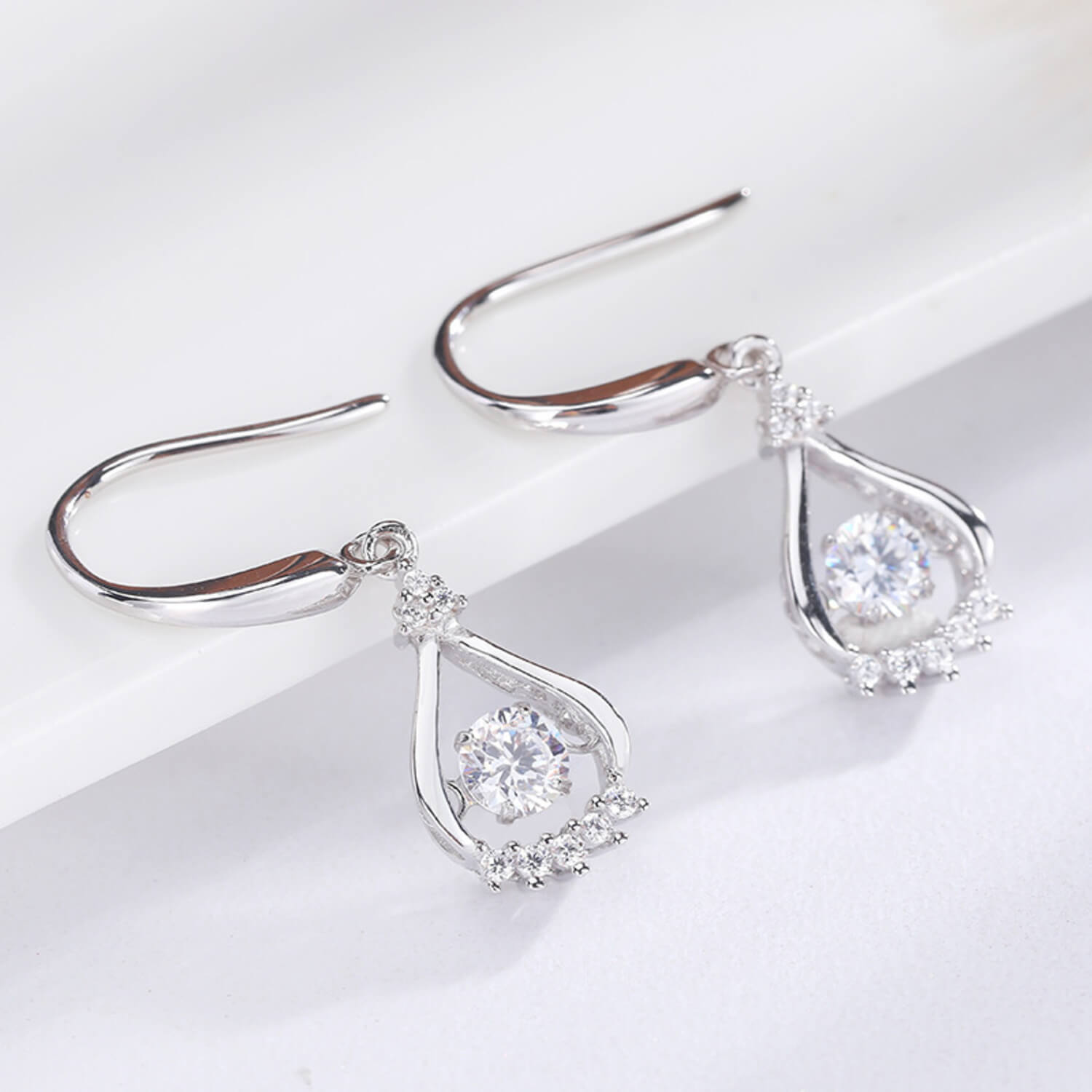 diamond drop hook earrings silver
