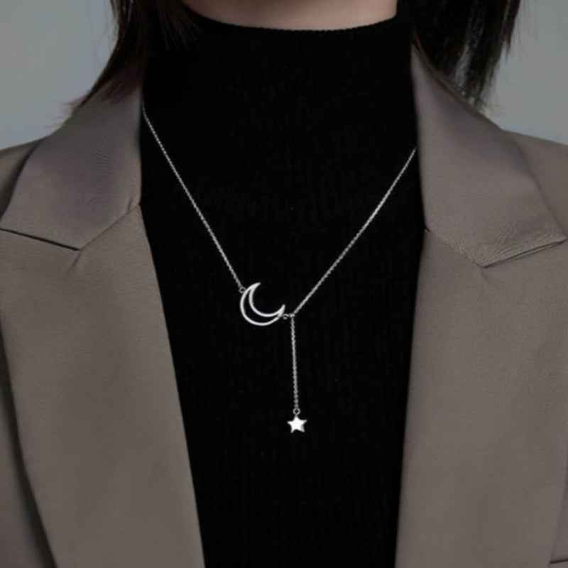 s925 sterling silver Moon and Star Female Necklace