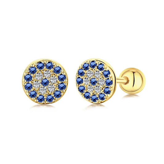 Gold-tone round evil eye stud earrings with blue stones and clear rhinestones.