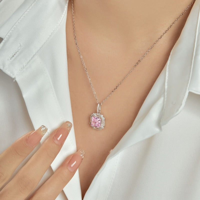 White Gold Plated Square Halo Necklace

