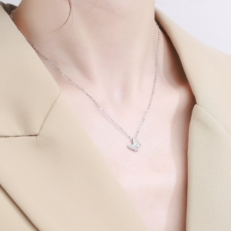 silver diamond butterfly necklace for women