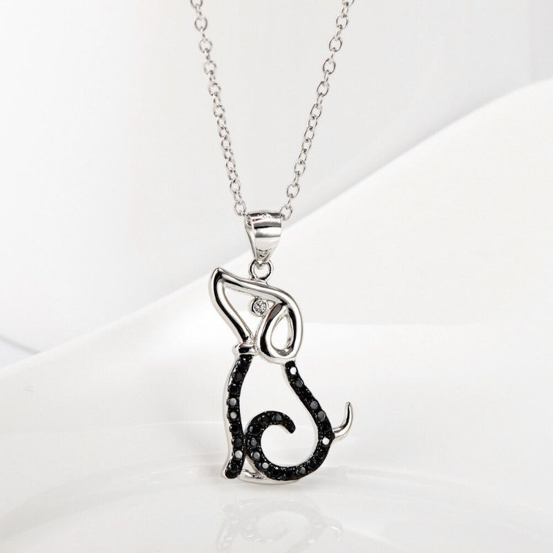 Silver Dog with Black Stones Necklace
