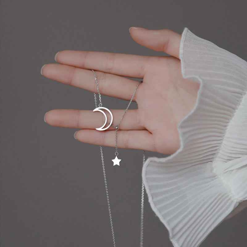 s925 sterling silver Moon and Star Female Necklace