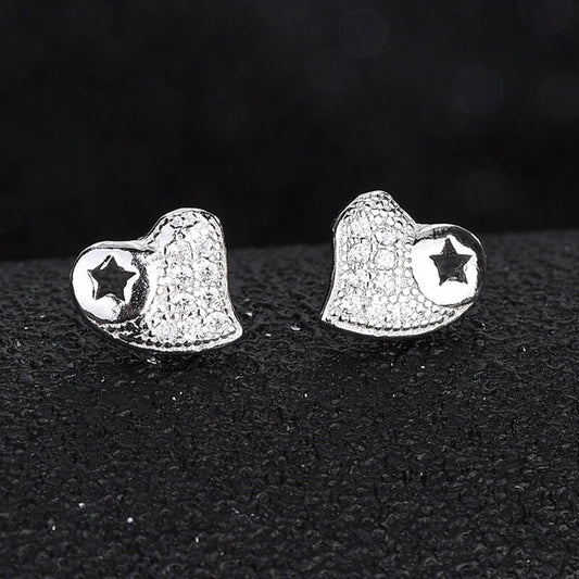 sterling silver diamonds heart stud earrings