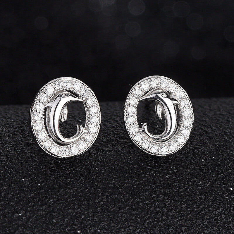 sterling silver diamonds dolphin stud earrings