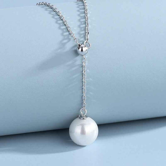 S925 Sterling Silver Y Pearl Pendant Necklace Adjustable - JIMMY JEWELRY 01