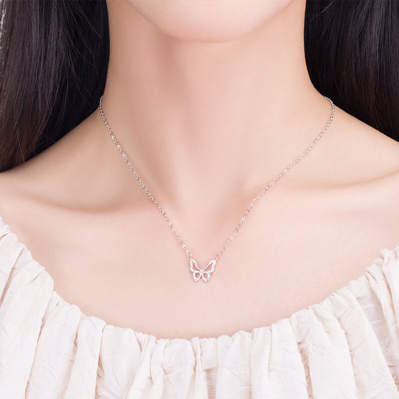 silver and zirconia butterfly necklace.