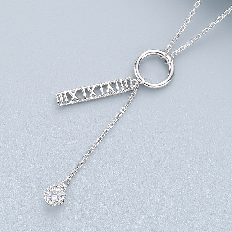 925 Sterling Silver Roman Numeral Number Cut Bar Necklace 