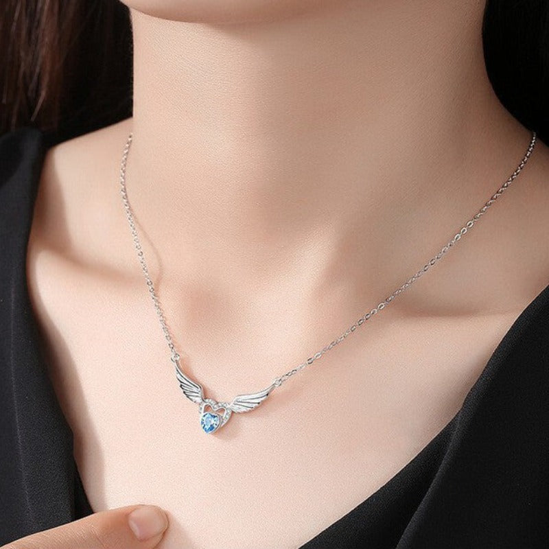 diamond heart wing necklace silver