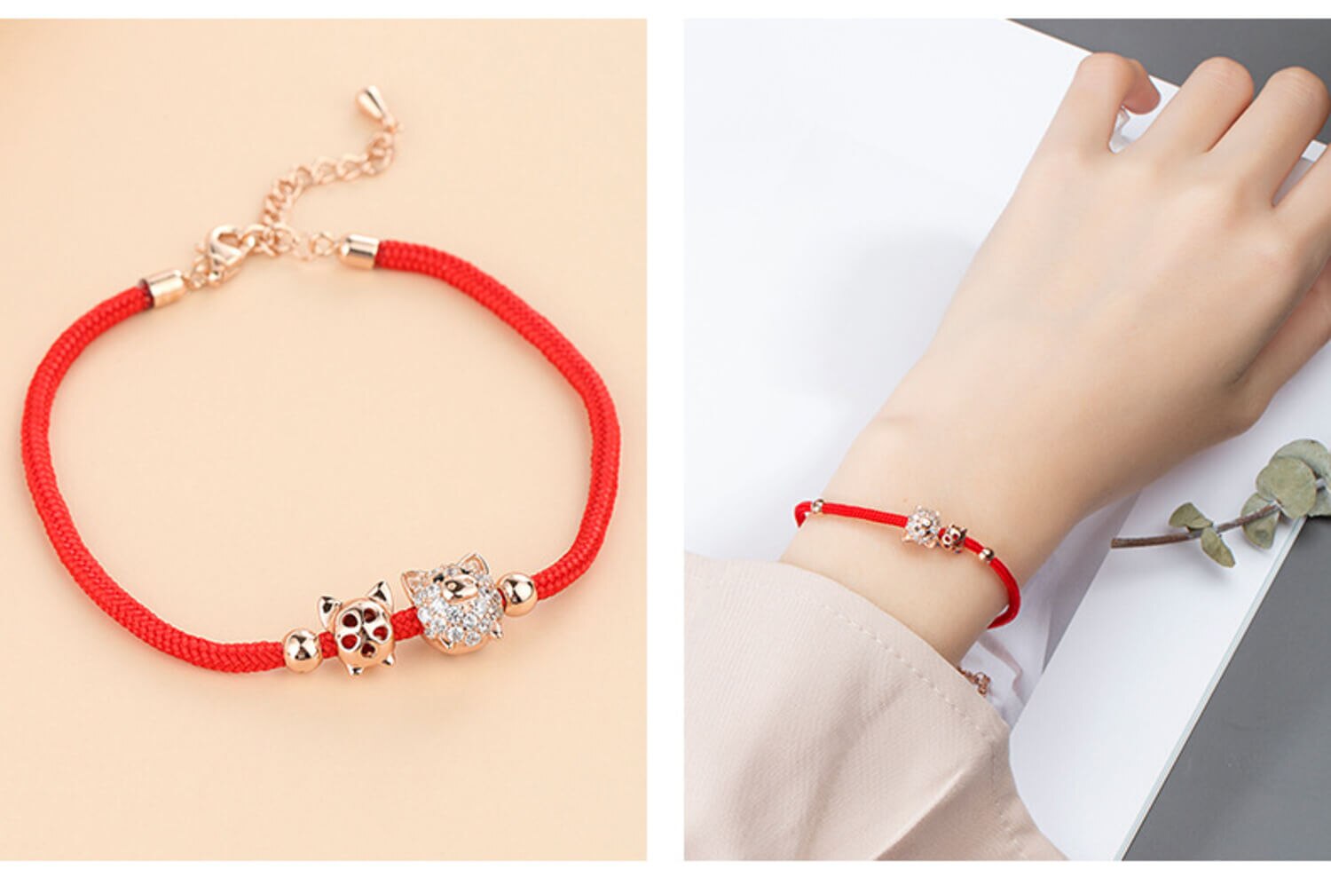 silver Red String Bracelet with Pig