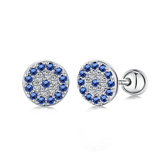 Silver-tone round evil eye stud earrings with blue stones and clear rhinestones.