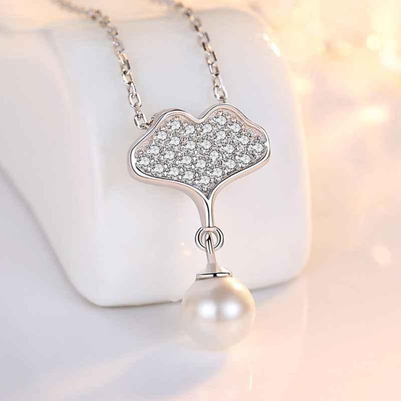 Elegant Ginkgo Leaf Pearl Pendant Necklace - JIMMY JEWELRY 01