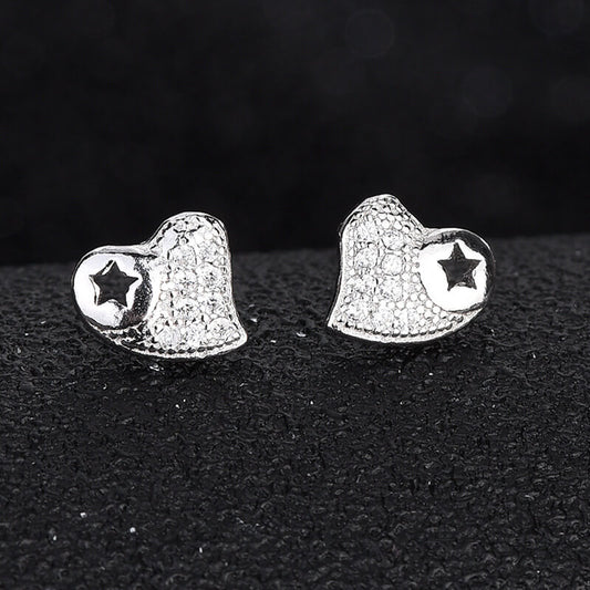 sterling silver diamonds heart stud earrings