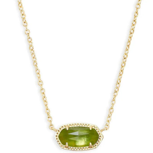 Gold pendant necklace with oval green gemstone in a pavé-edged halo setting