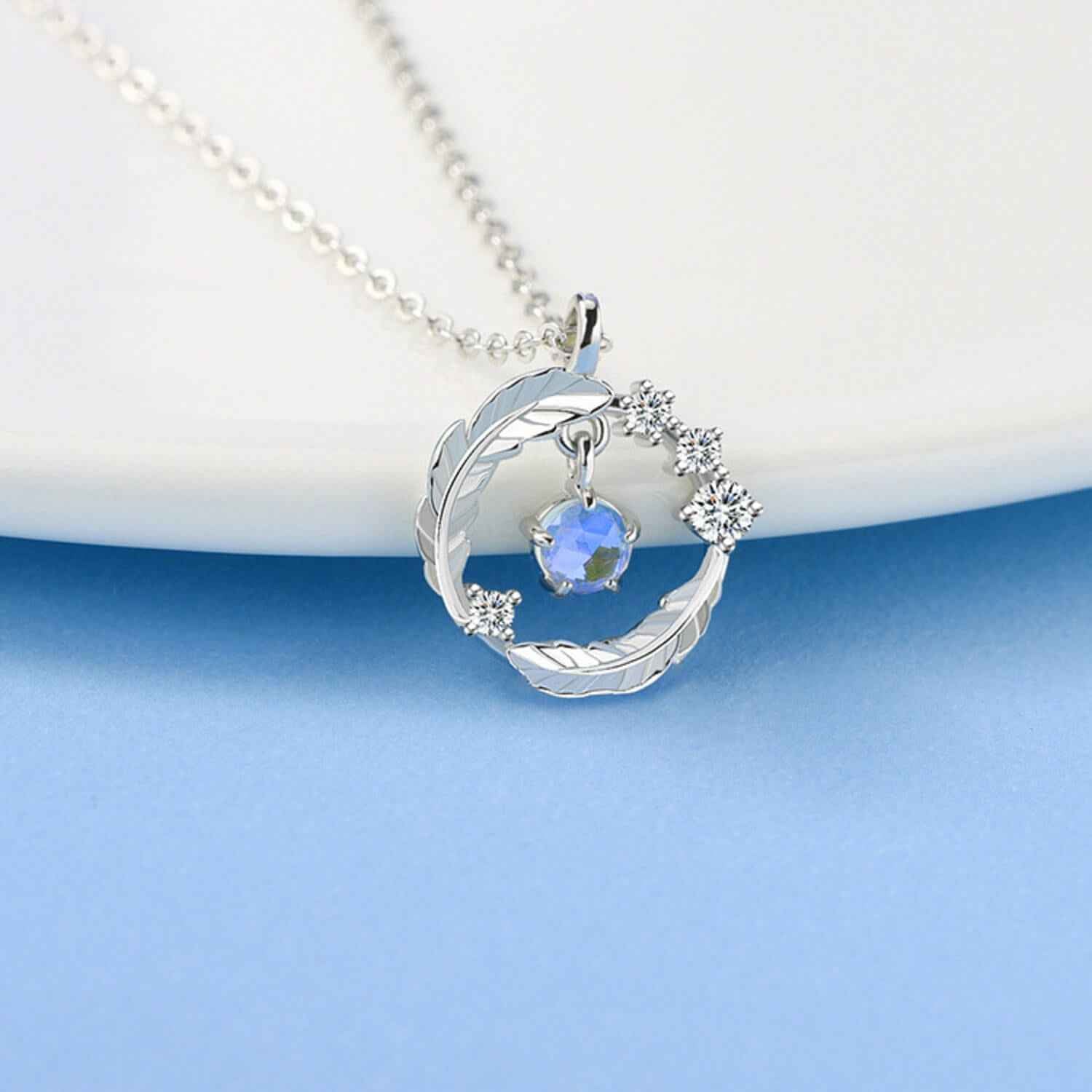 Moonstone Feather Pendant Necklace